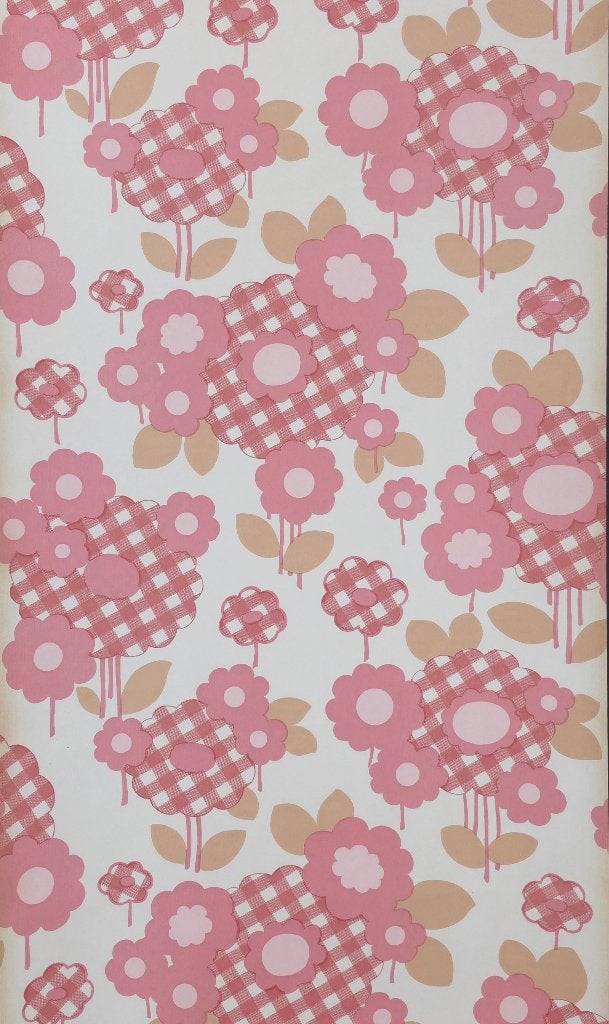 5498 Vintage70s  behang roze bloemen ruitjes wit swiet, Ophalen of Verzenden, Beige
