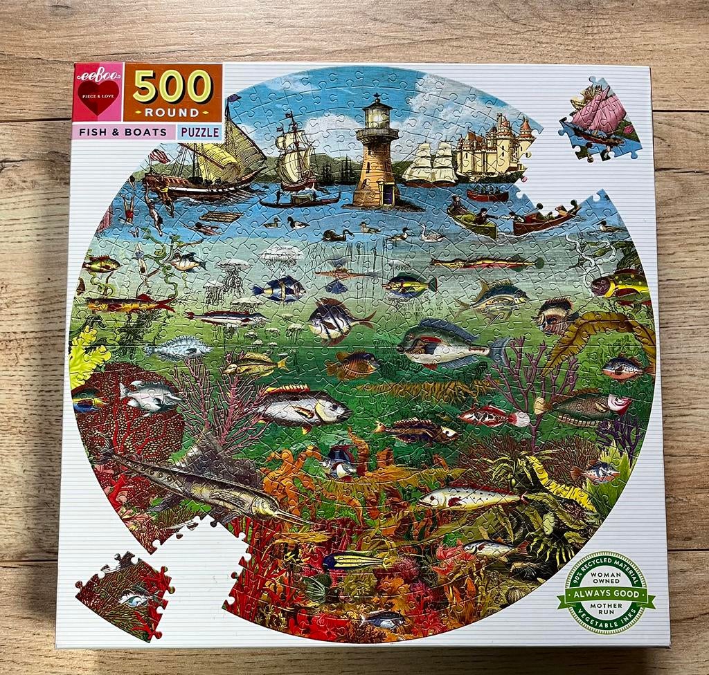 Eeboo ronde puzzel 500 stukjes XL Fish & Boats, Ophalen of Verzenden, 500 t/m 1500 stukjes, Zo goed als nieuw