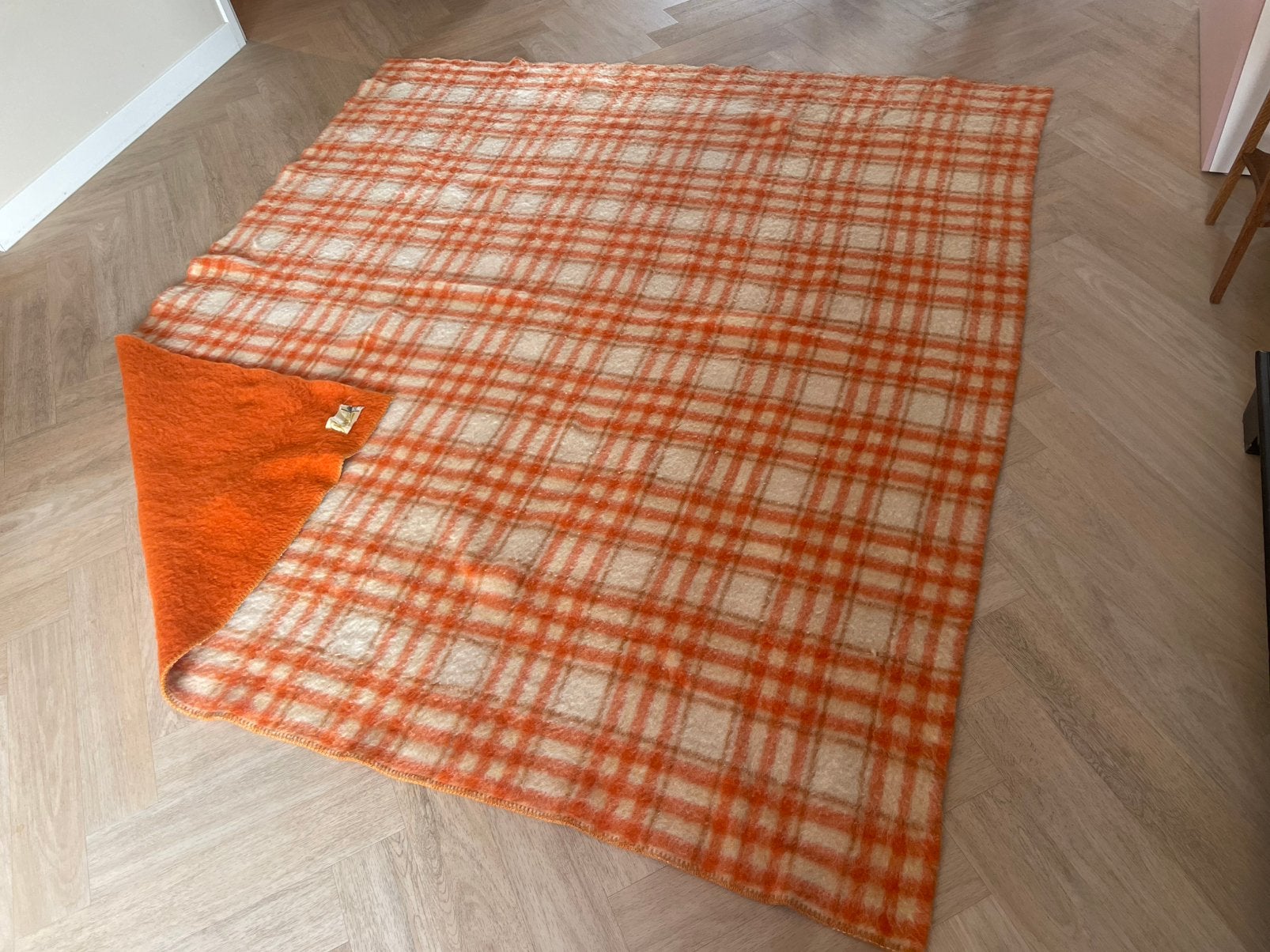 Vintage Wollen oranje deken Princesse geruit - geblokt, Ophalen of Verzenden, Zo goed als nieuw