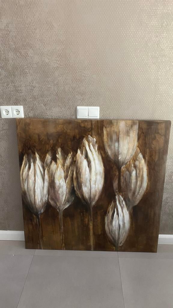 Schilderij met tulpen - Bruin/wit, Ophalen of Verzenden