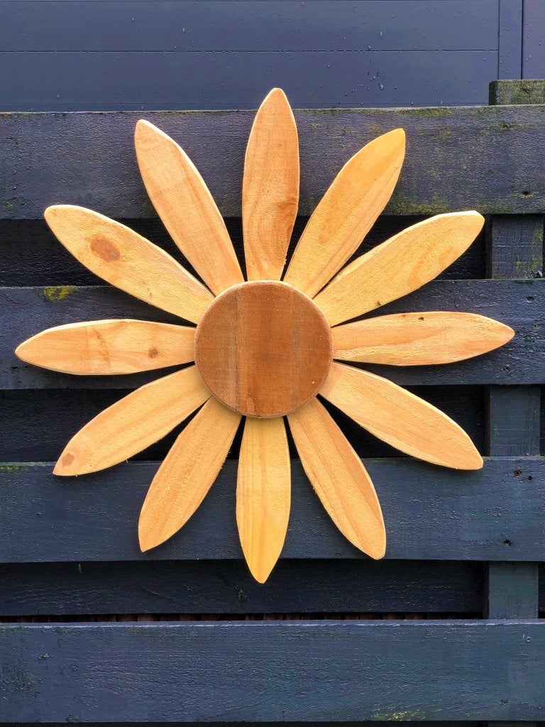 Grote houten zonnebloem, tuindecoratie 60 cm naturel hout, Ophalen, Nieuw