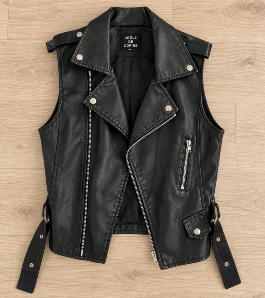 Zwart leren biker gilet van Drôle de Copine, Kleding | Dames, Maat 38/40 (M), Zwart, Ophalen of Verzenden, Zo goed als nieuw