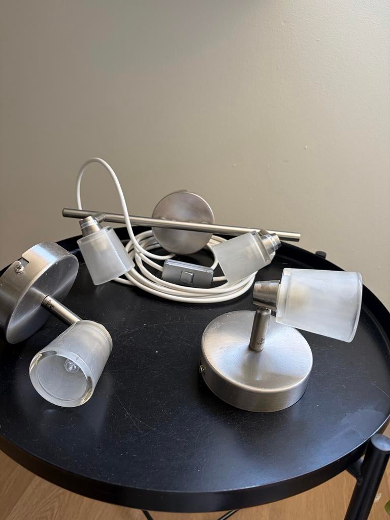 Set van 2 plafondspots en 1 dubbele wandspot, Halogeen, Gebruikt, Metaal of Aluminium, Ophalen of Verzenden