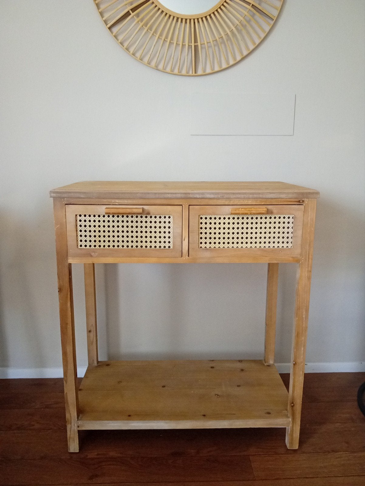 Houten sidetable met rotan lades, Ophalen, Gebruikt, Boho, Scandinavisch, 55 tot 75 cm