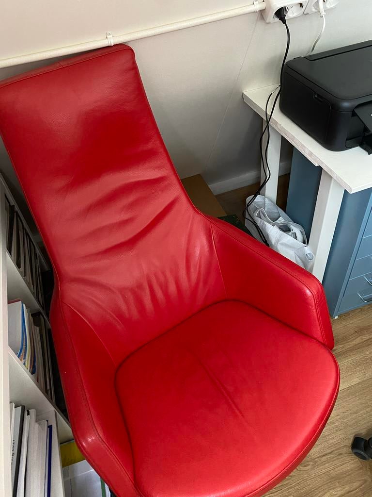 Design Living Fauteuil / Lounge Stoel - Rood Leer, Ophalen, Gebruikt, Leer, 75 tot 100 cm