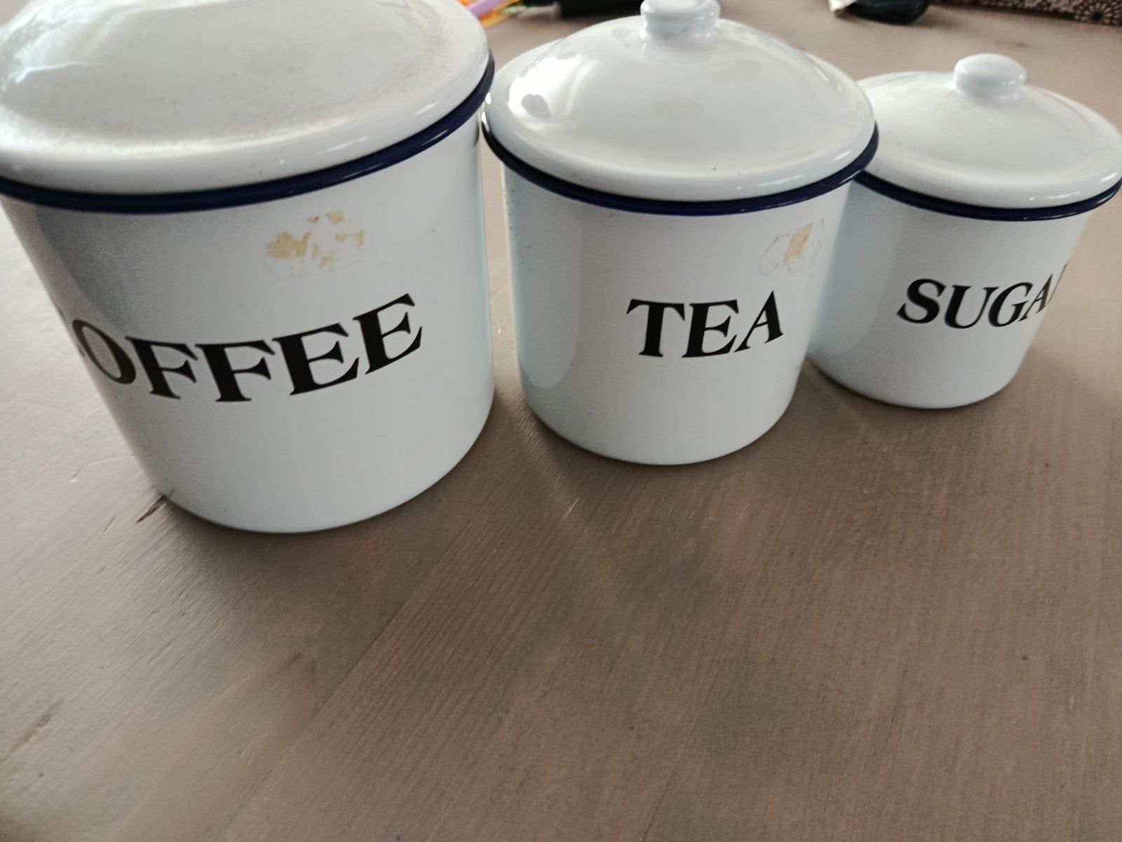 3 Emaille voorraadblikken - Koffie, Thee, Suiker, Ophalen