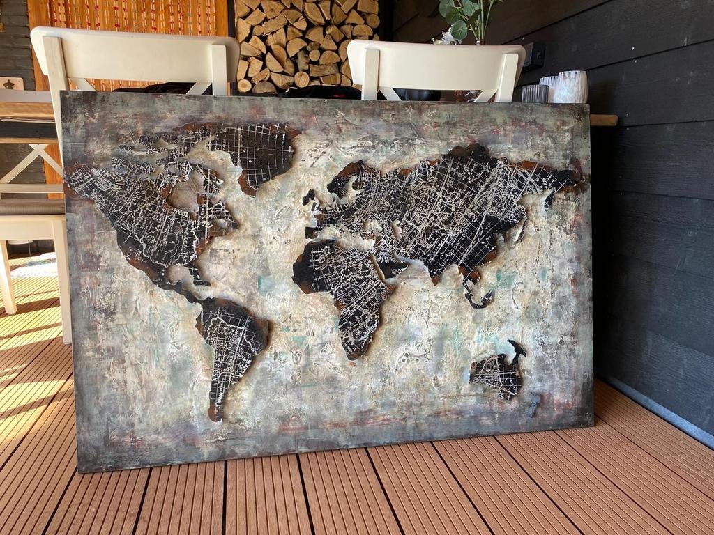 3D Wereldkaart van metaal, Ophalen, Minder dan 50 cm, Zo goed als nieuw, Schilderij