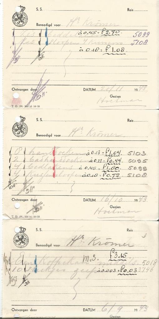 KHL 3 verkoopbonnen aan bezetter 1943, Verzenden, Gebruikt, Overige typen