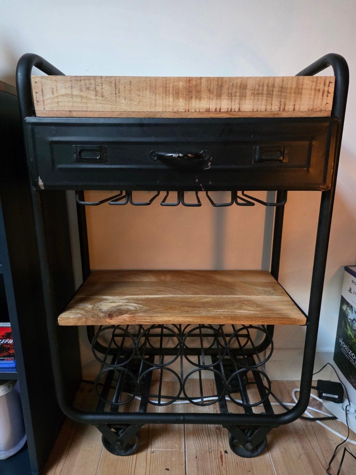Industriële Wijn Trolley met Lade en Flessenrek, Huis en Inrichting, Ophalen, Metaal