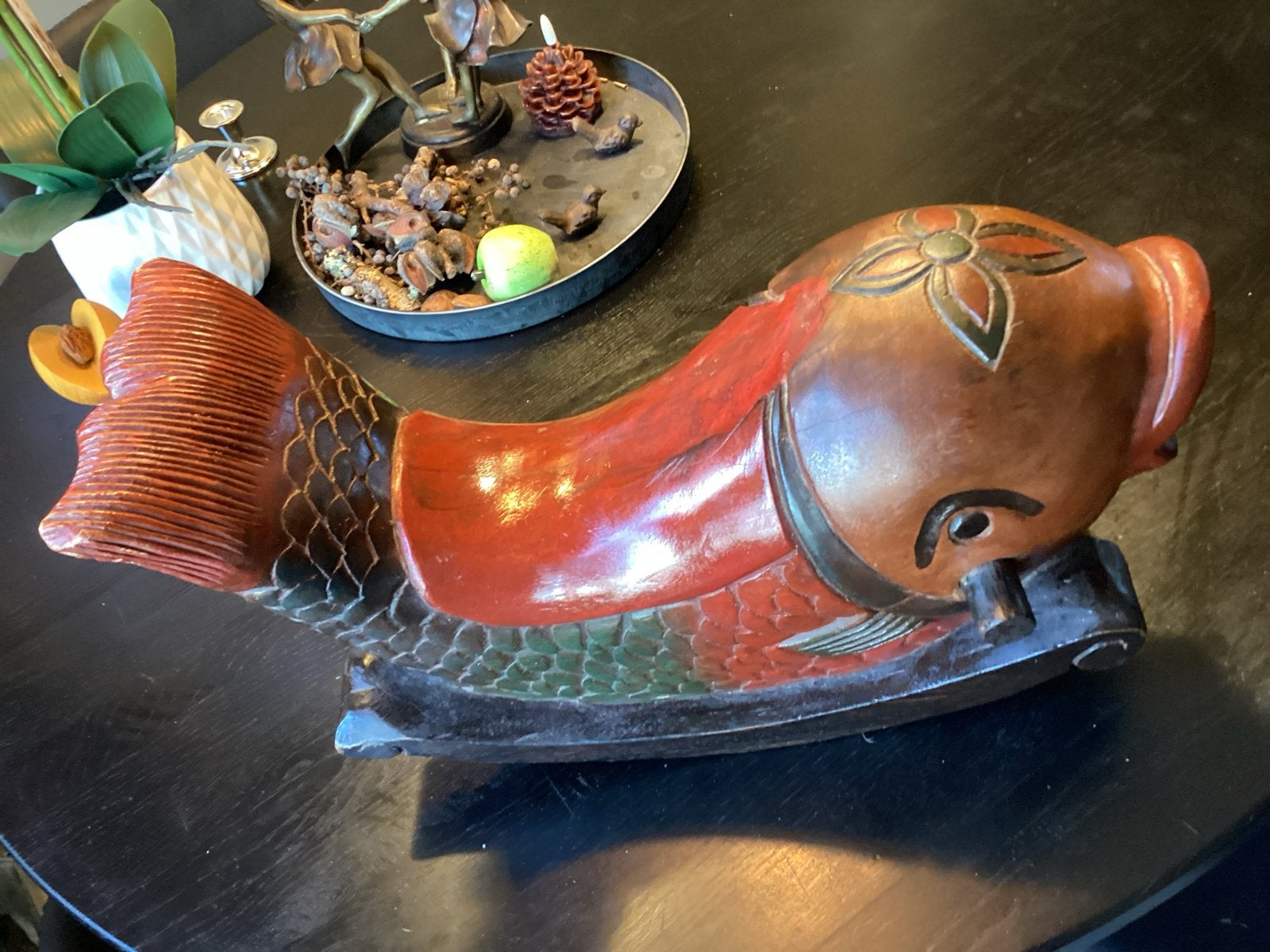 Vintage houten kinder schommel karper uit Thailand, Ophalen of Verzenden, Gebruikt, Rij- of Hobbelspeelgoed