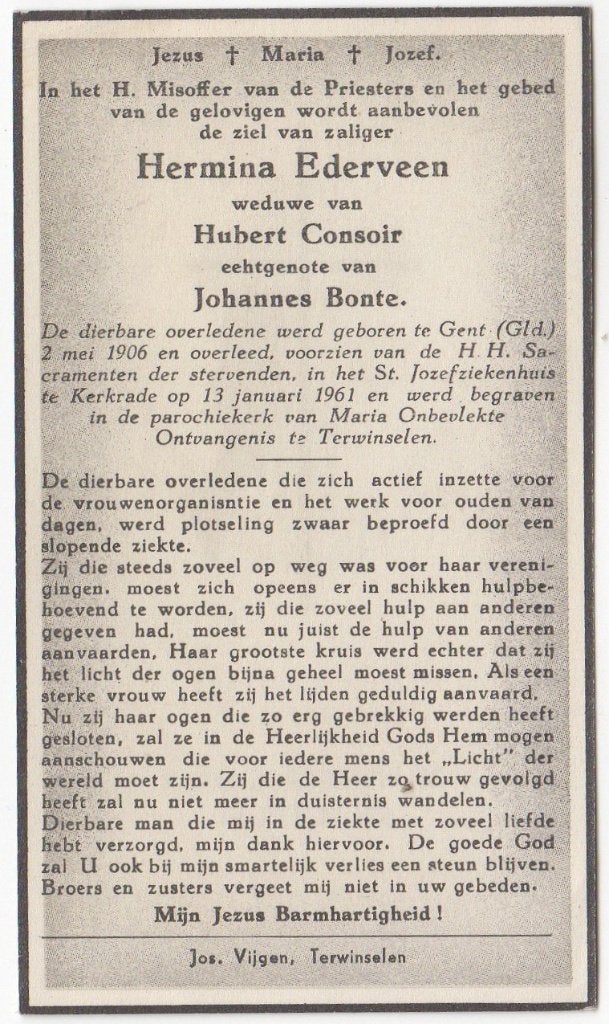 Hermina Ederveen 1906 Gendt + 1963 Kerkrade, 56 jaar oud, Ophalen of Verzenden
