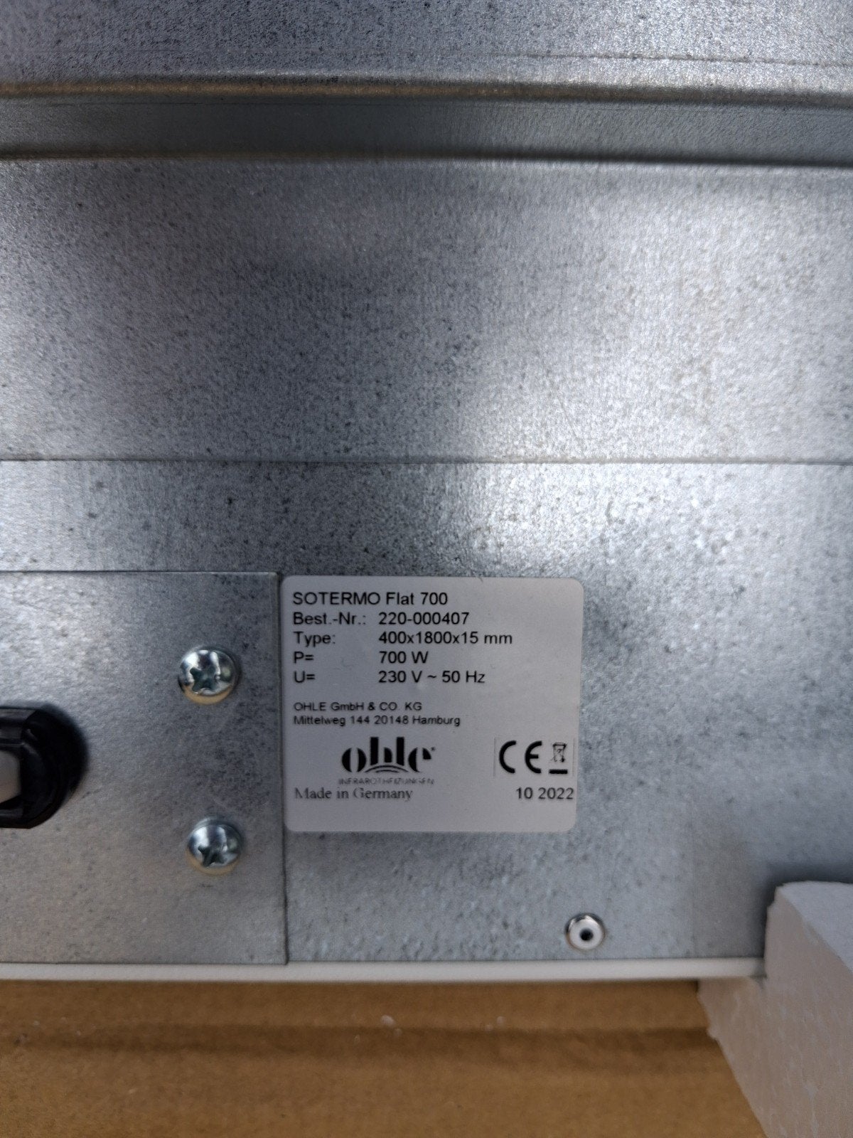 Nieuwe SOTERMO Flat 700 Infraroodverwarming 700W, Doe-het-zelf en Verbouw, Ophalen, 30 tot 80 cm, 500 tot 800 watt, Radiator