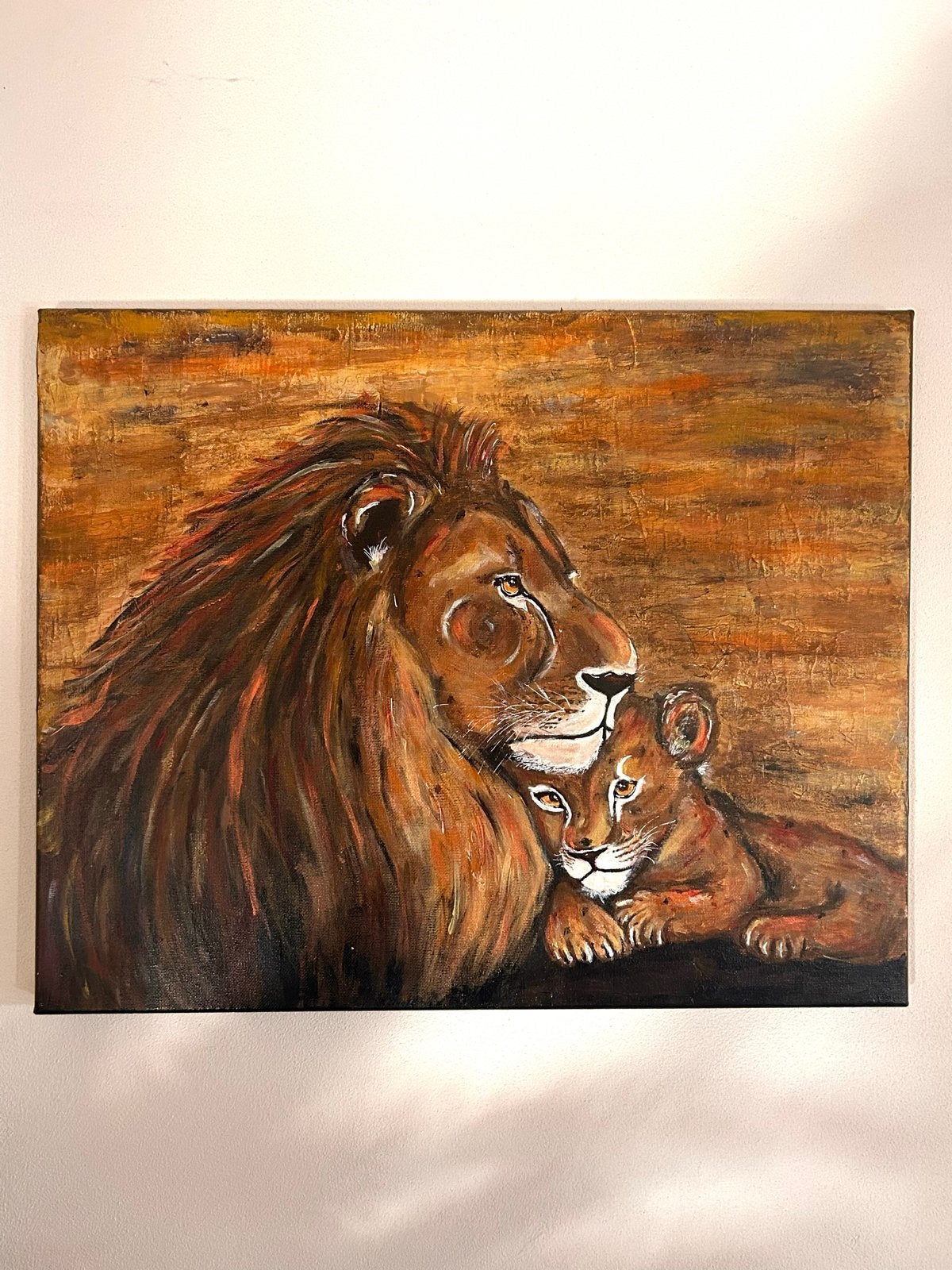 Groot schilderij van leeuw en welp, Ophalen of Verzenden