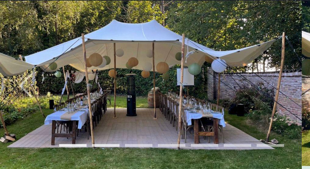 Stretchtent 7.5x10m ivoor wit te huur, Ophalen, Gebruikt, Geboorte of Huwelijk