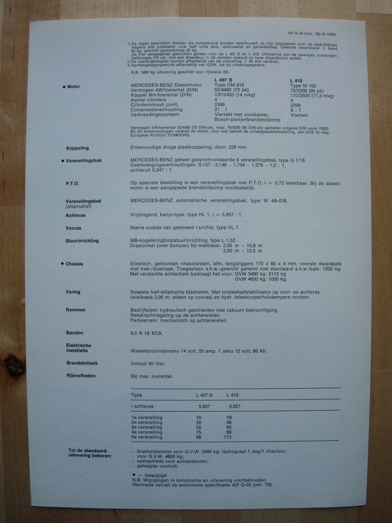 Mercedes 407 410 Technische Specificatie folder 1983 BG 407D, Boeken, Zo goed als nieuw, Mercedes-Benz, Mercedes, Ophalen of Verzenden