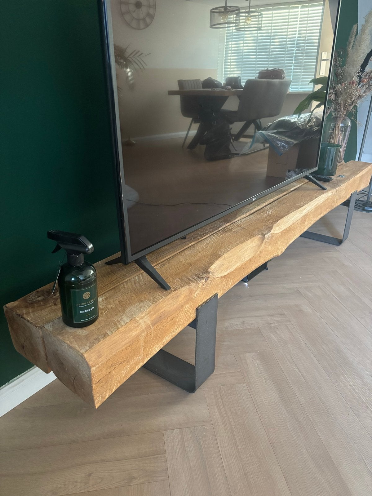 Schitterend eiken bielzen tv meubel, 219 cm, 1 jaar oud, Eikenhout, Ophalen of Verzenden, Zo goed als nieuw, 200 cm of meer