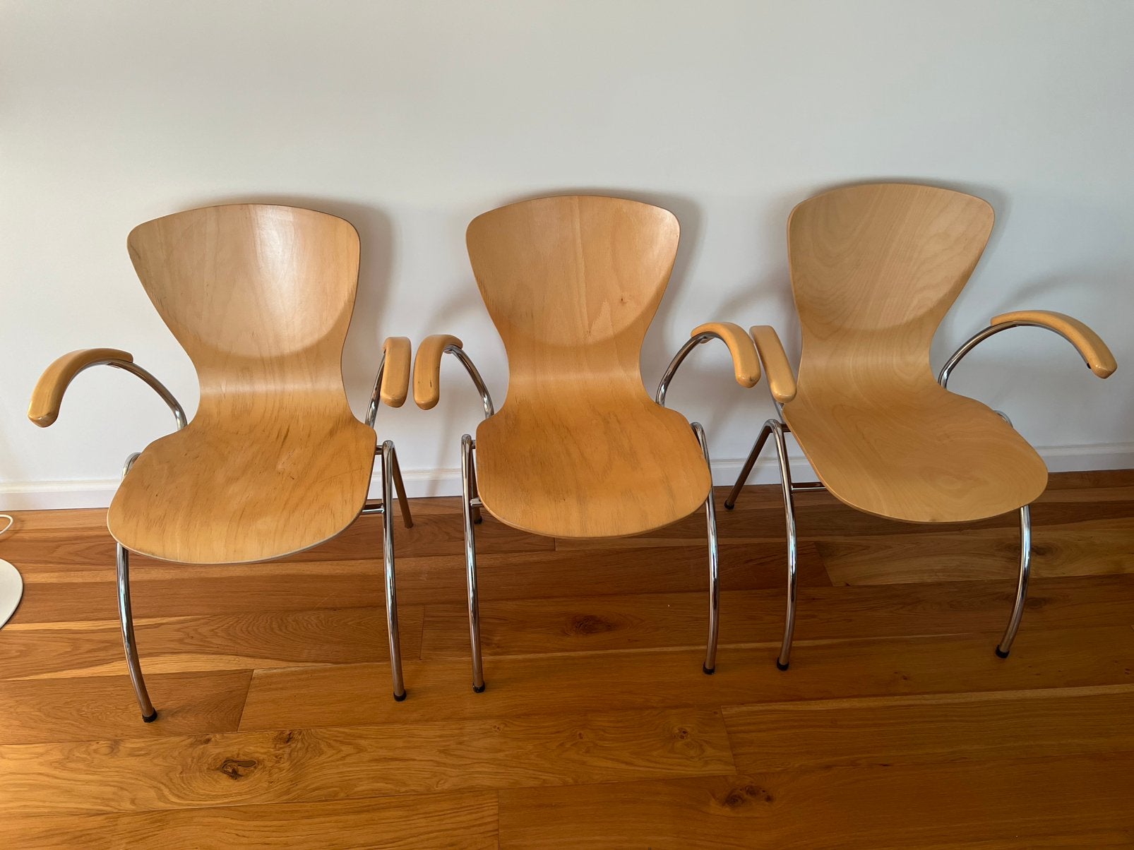3x Kimball Bingo houten stoelen met chroom buisframe, Ophalen, Kunststof, Gebruikt, Overige kleuren