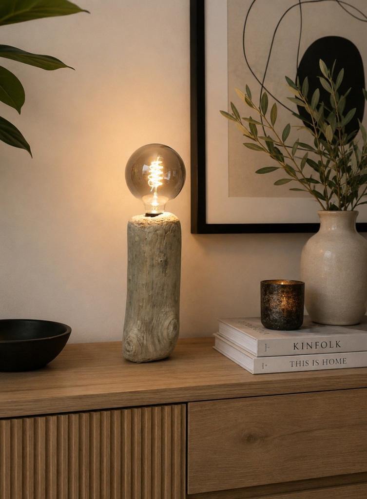 Tafellampje van boomstam drijfhout, Huis en Inrichting, Lampen | Tafellampen, Nieuw, Ophalen of Verzenden, Stoer sober robuust landelijk