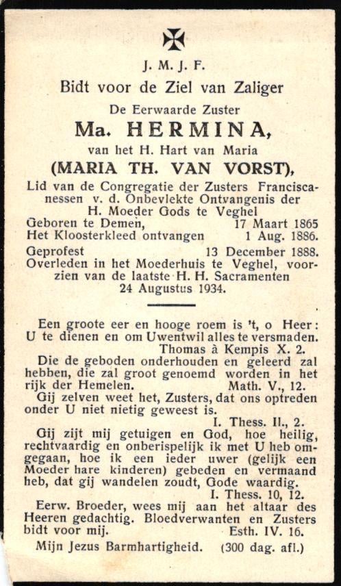 Vorst van Maria Th. Demen 1865-1934 Veghel, Verzamelen, Bidprentjes en Rouwkaarten, Ophalen of Verzenden