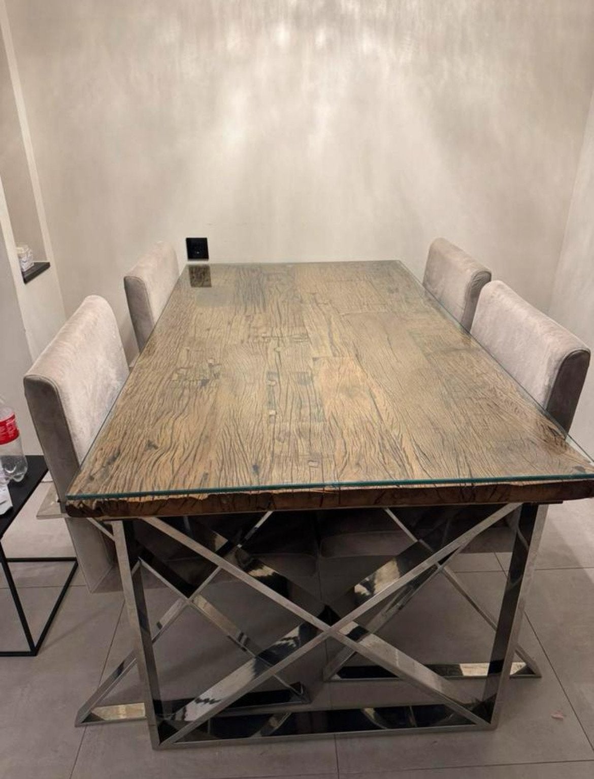 Eettafel met 4 stoelen en glasplaat - Zo goed als nieuw, Ophalen, 200 cm of meer, 50 tot 100 cm, Vier personen