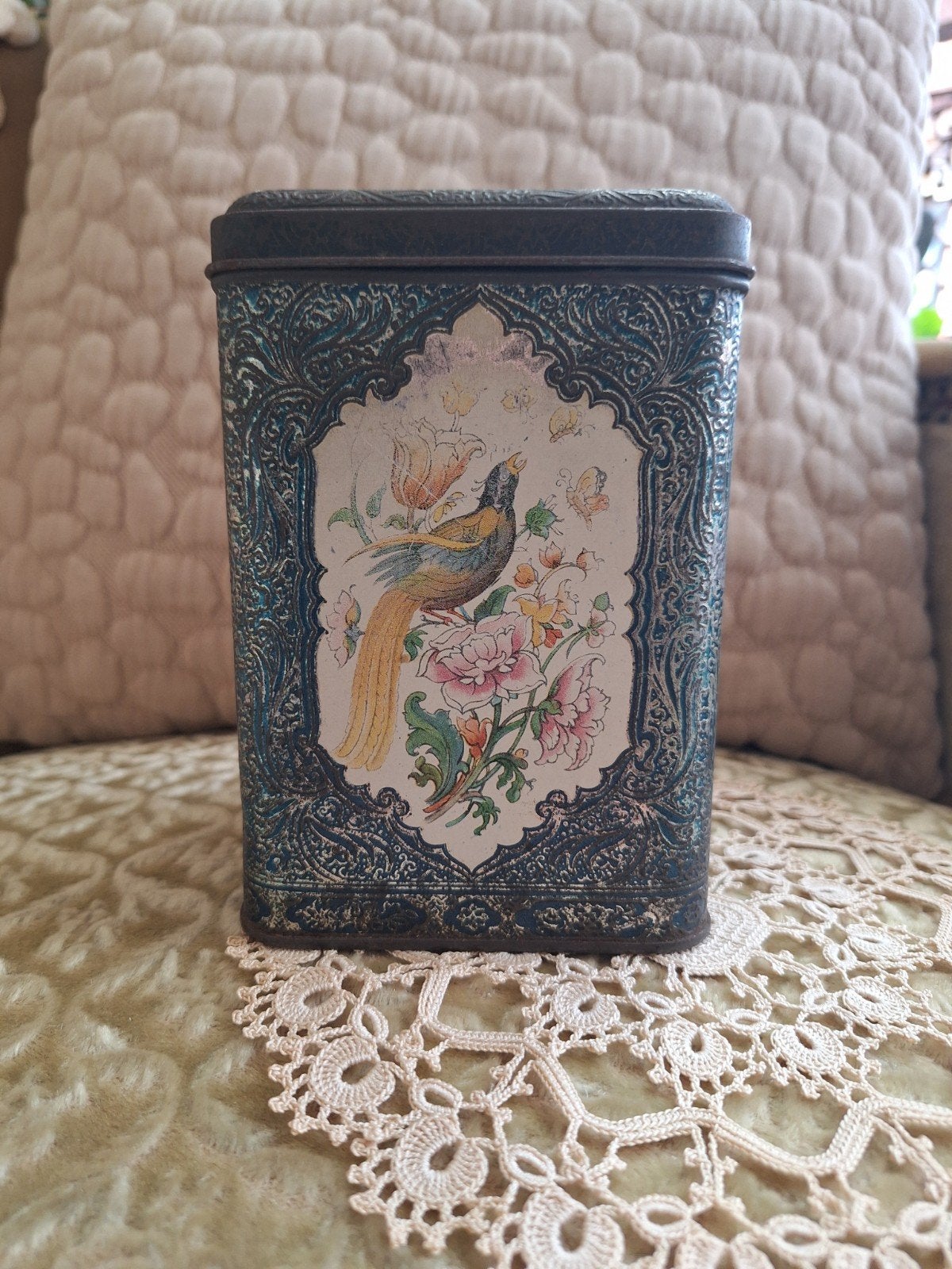 Vintage Thee Blik met Paradijsvogel & Bloemen  ** Mimosa **, Verzamelen, Ophalen of Verzenden, Gebruikt, Overige, Overige merken