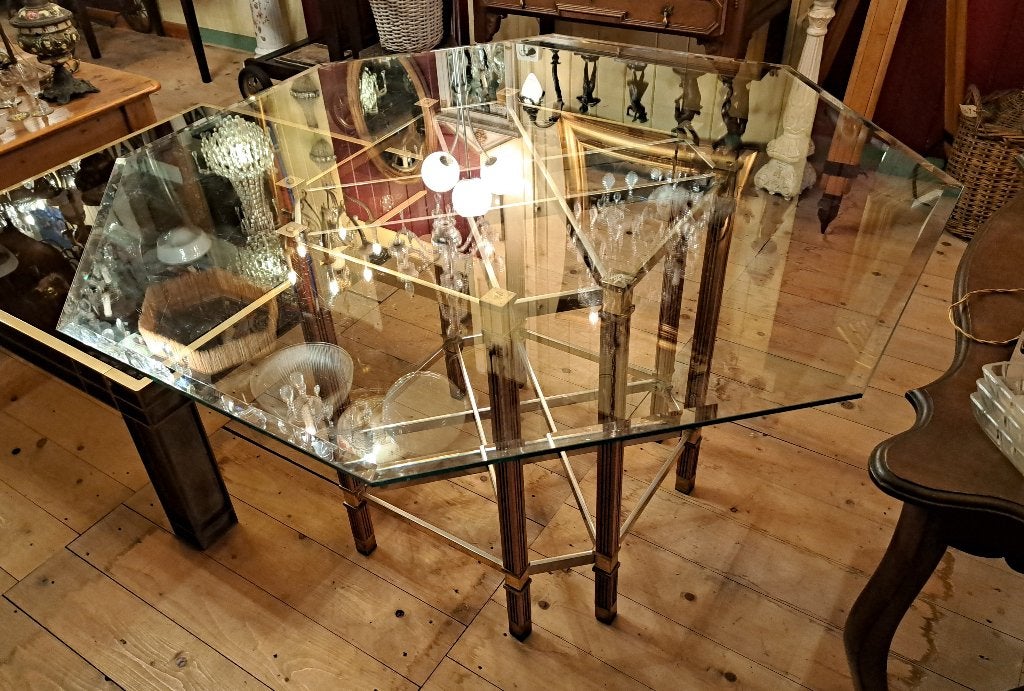 Echte oude Hollywood Regency tafel met facet geslepen glas, Ophalen