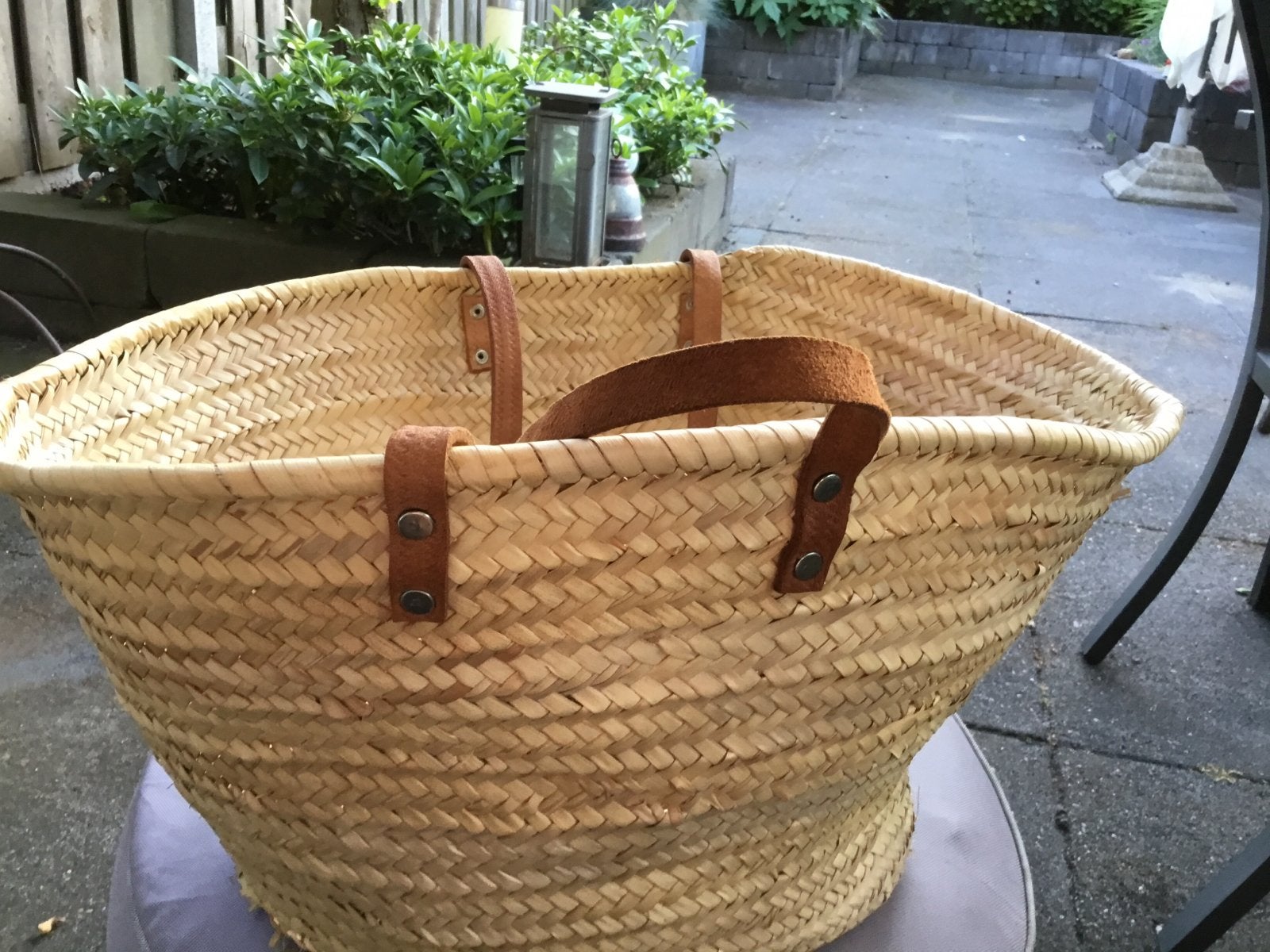 Rieten strandtas met lange leren hengsels, Ophalen of Verzenden, Zo goed als nieuw, Beige, Shopper
