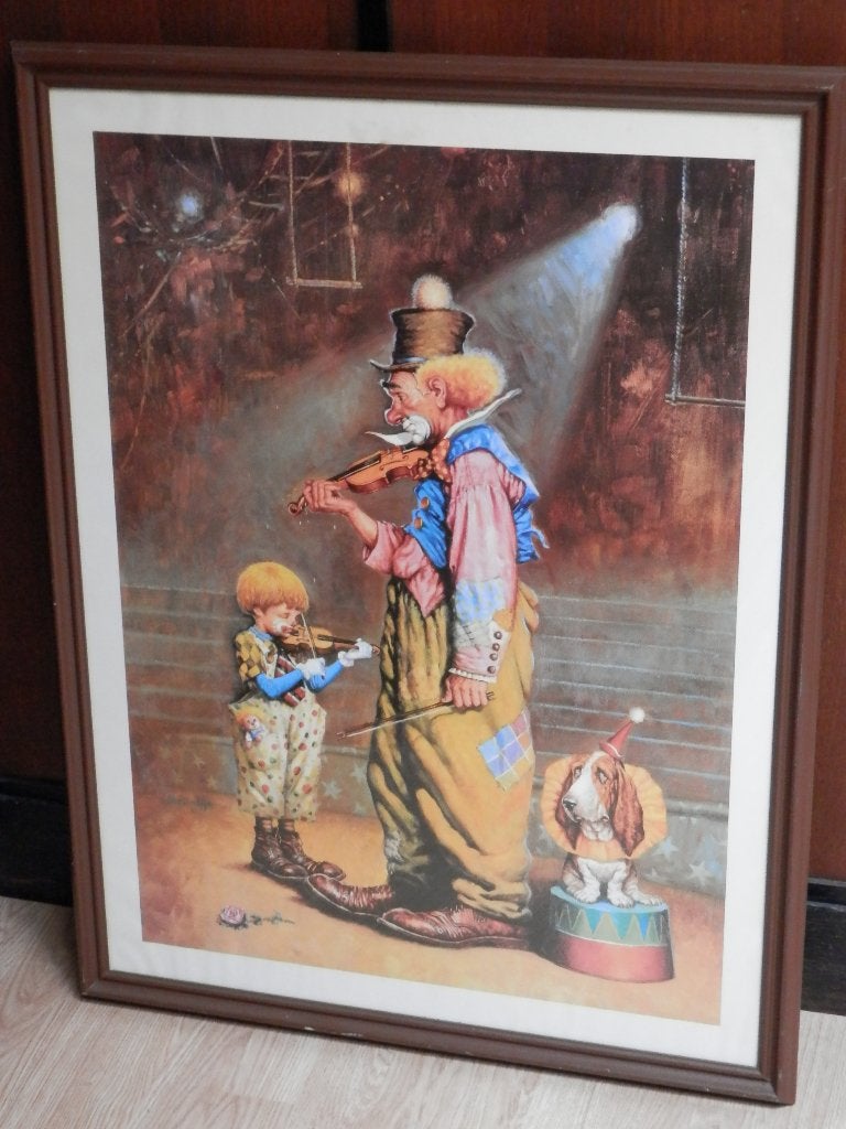 Leuke poster met clowns ingelijst achter glas 85x65cm, Ophalen, 85 cm, Meerkleurig, Papier/karton