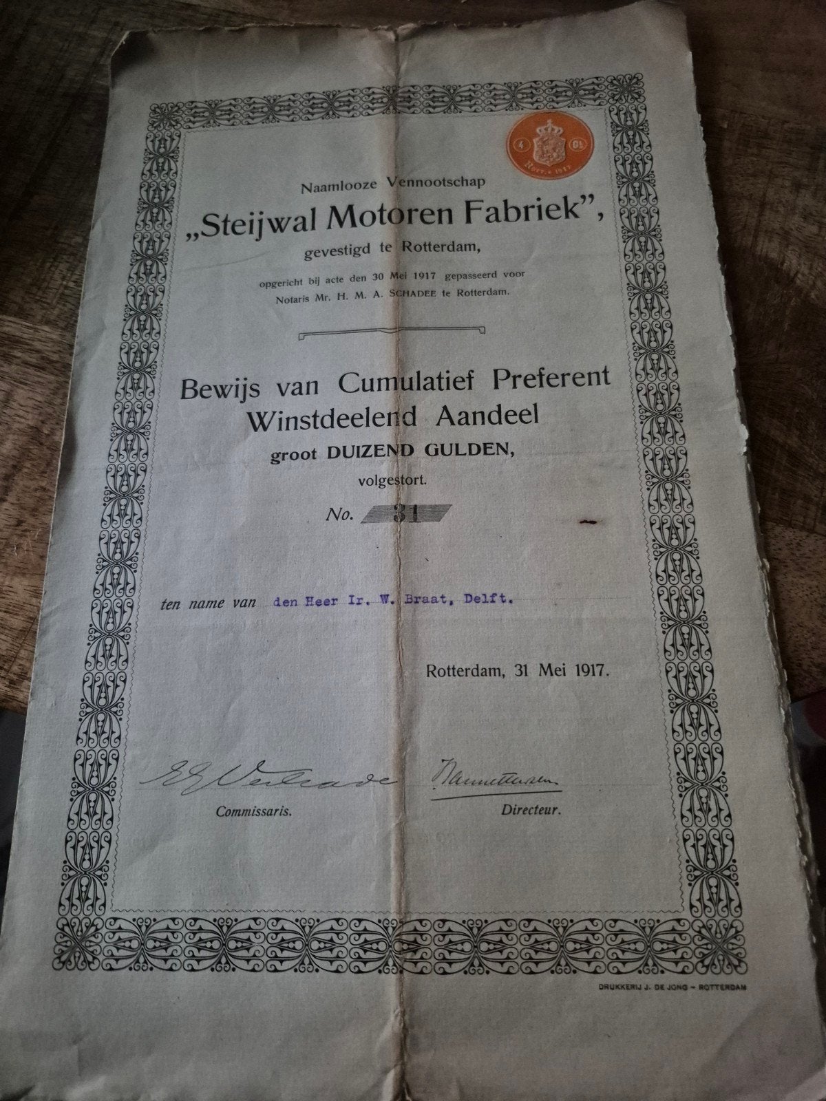 Aandeel Steijwal Motoren Fabriek Rotterdam 1917, Ophalen of Verzenden, Voor 1920, Aandeel