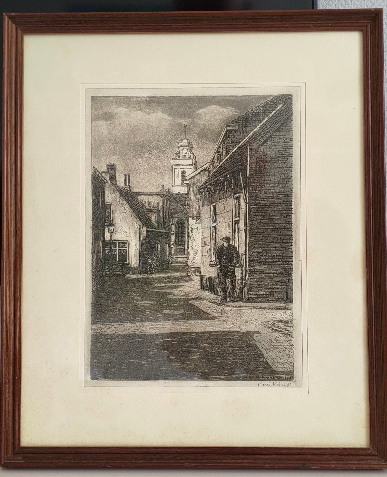 Ets van Karel Kok.Dorpsgezicht Katwijk aan zee met kerk, Antiek en Kunst, Stadsgezicht, Ophalen of Verzenden, Gesigneerd, 1950 - 1999