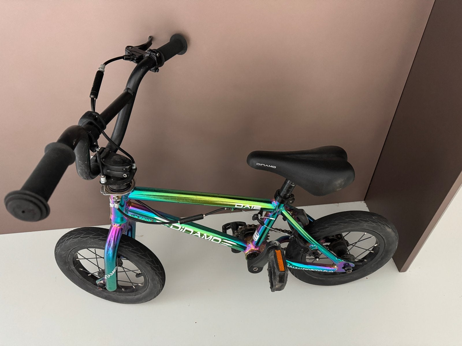 12 inch BMX - Olievlek/Chroom effect, Gebruikt, Staal, Velgrem, Ophalen of Verzenden