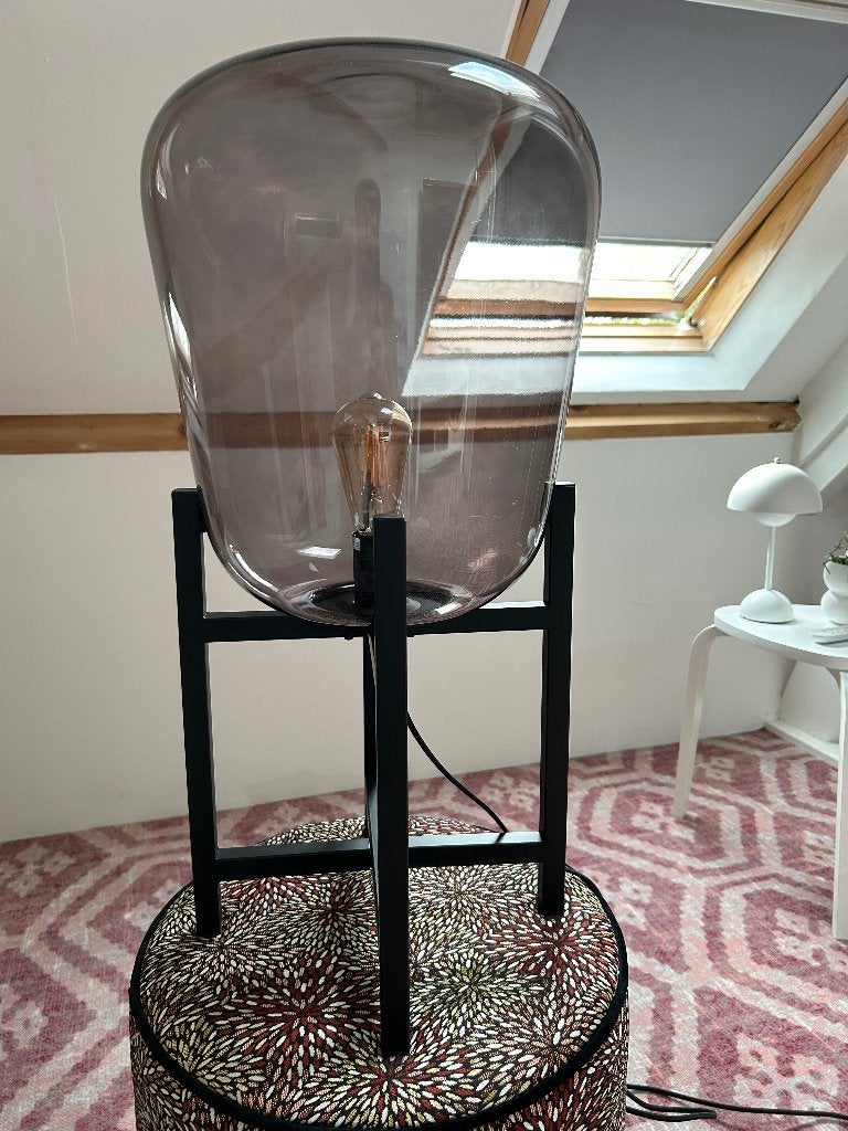 Lamp zwart rookglas met metaal, Ophalen, Gebruikt, Sfeerlamp, Zwart