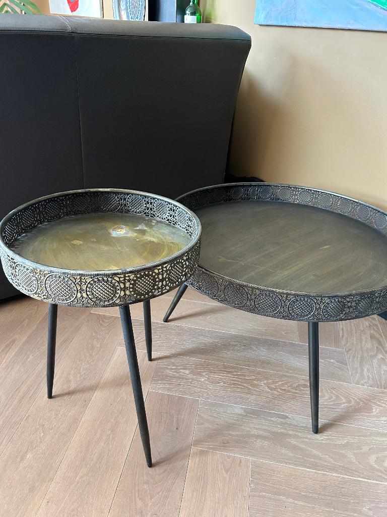 2 bronsen bijzettafels van Mica, Huis en Inrichting, Tafels | Bijzettafels, Minder dan 55 cm, Gebruikt, Metaal of Aluminium, Oosters vintage, boho