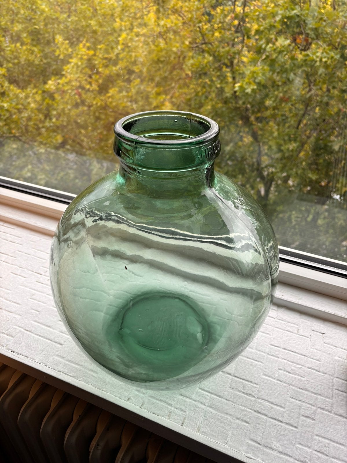 Grote Vintage Groene Glazen Vaas / Dame-Jeanne (Viresa), Ophalen, Zo goed als nieuw, Glas, 35 cm