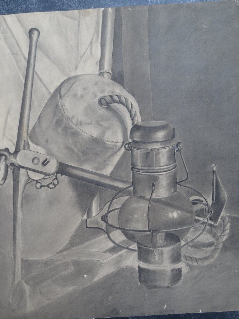 tekening stilleven van anker scheepsartikelen J. Lipjes 1915, Verzenden, Tekening, Houtskooltekening, Origineel