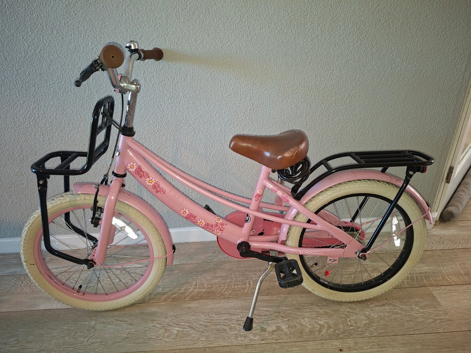 Popal Lola meisjesfiets 20 inch - Roze met bloemen, Terugtraprem, Gebruikt, Ophalen of Verzenden, Handrem