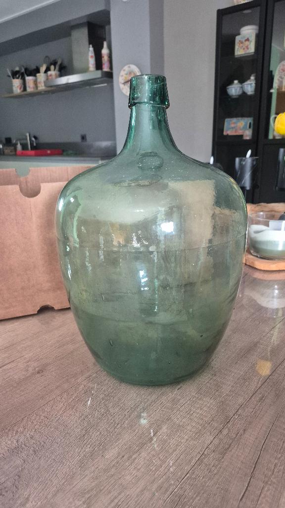 Vintage groen / grijze glazen gistfles (40 cm), Antiek en Kunst, Antiek | Vazen, Ophalen of Verzenden