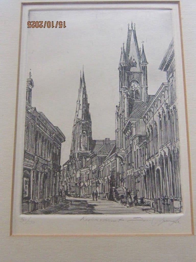 EINDHOVEN, Mooie ets van de RECHTESTRAAT Jan van Rijsewijk, Antiek en Kunst, Ophalen, Stadsgezicht, Ets, 1950 - 1999