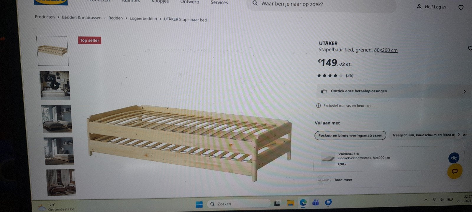 IKEA UTÅKER Stapelbed, grenen, 80x200 cm, Huis en Inrichting, Ophalen, Gebruikt, 80 cm, 200 cm