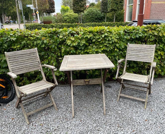 Houten tuinset met 2 stoelen en tafel, Tuin en Terras, Gebruikt, Eettafel, Tuinset, Hout
