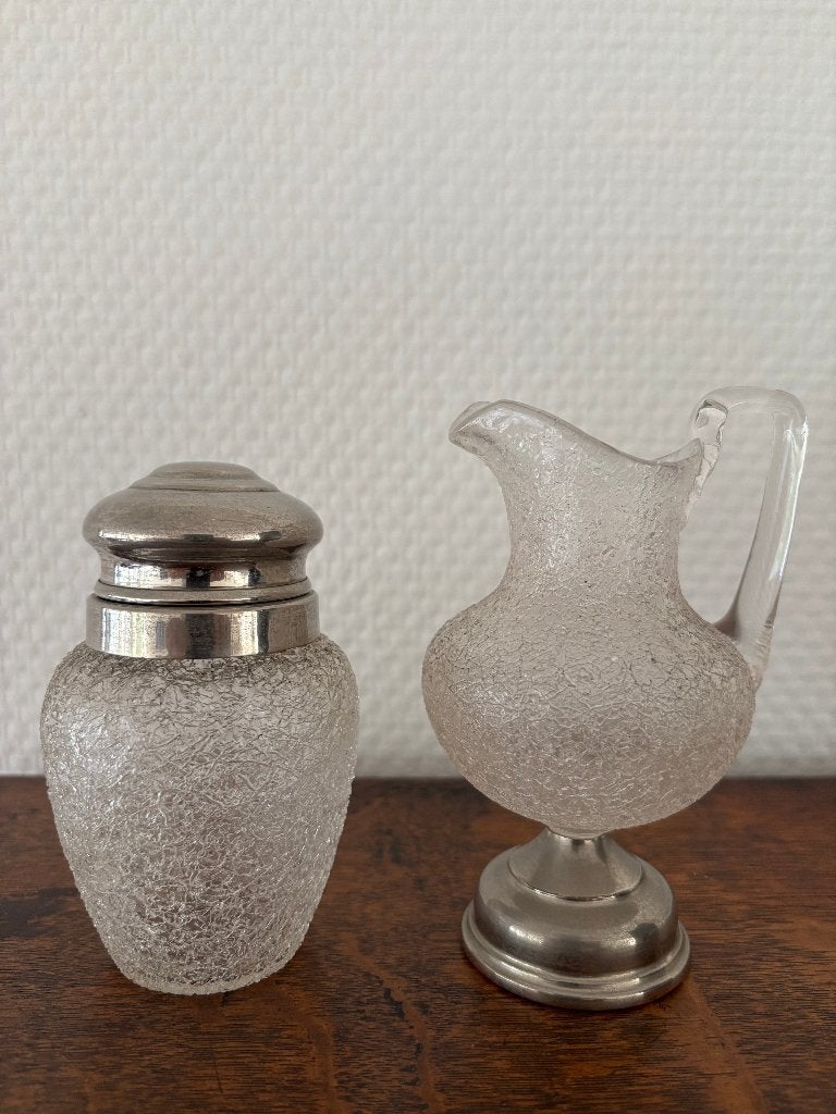 Antieke theebus en roomkan van ijsglas., Antiek en Kunst, Antiek | Glas en Kristal, Ophalen of Verzenden