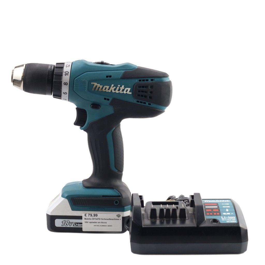 Makita DF547D Schroefmachine + 18V oplader en Accu, Doe-het-zelf en Verbouw, Gereedschap | Boormachines, Makita, Zo goed als nieuw