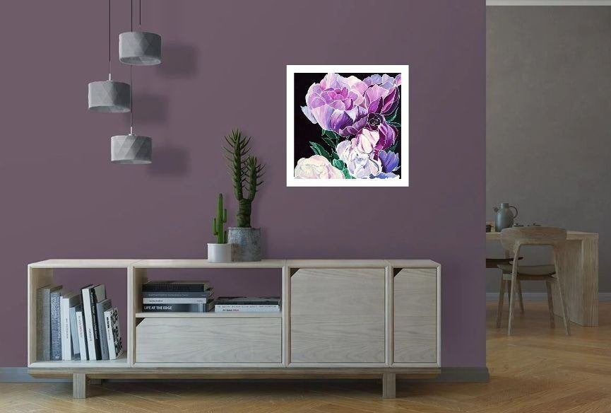 Nieuw handgeschilderd schilderij met pioenrozen, Ophalen of Verzenden, Gelakt/vernis, Acrylverf, Bloemen
