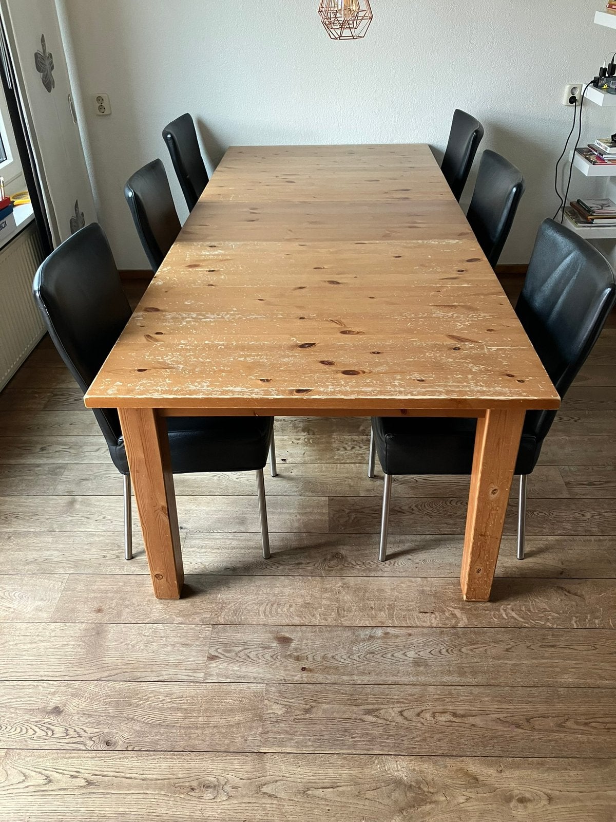 Karaktervolle eettafel met 6 goed zittende leren stoelen, Ophalen, Gebruikt, 4 tot 6 stoelen