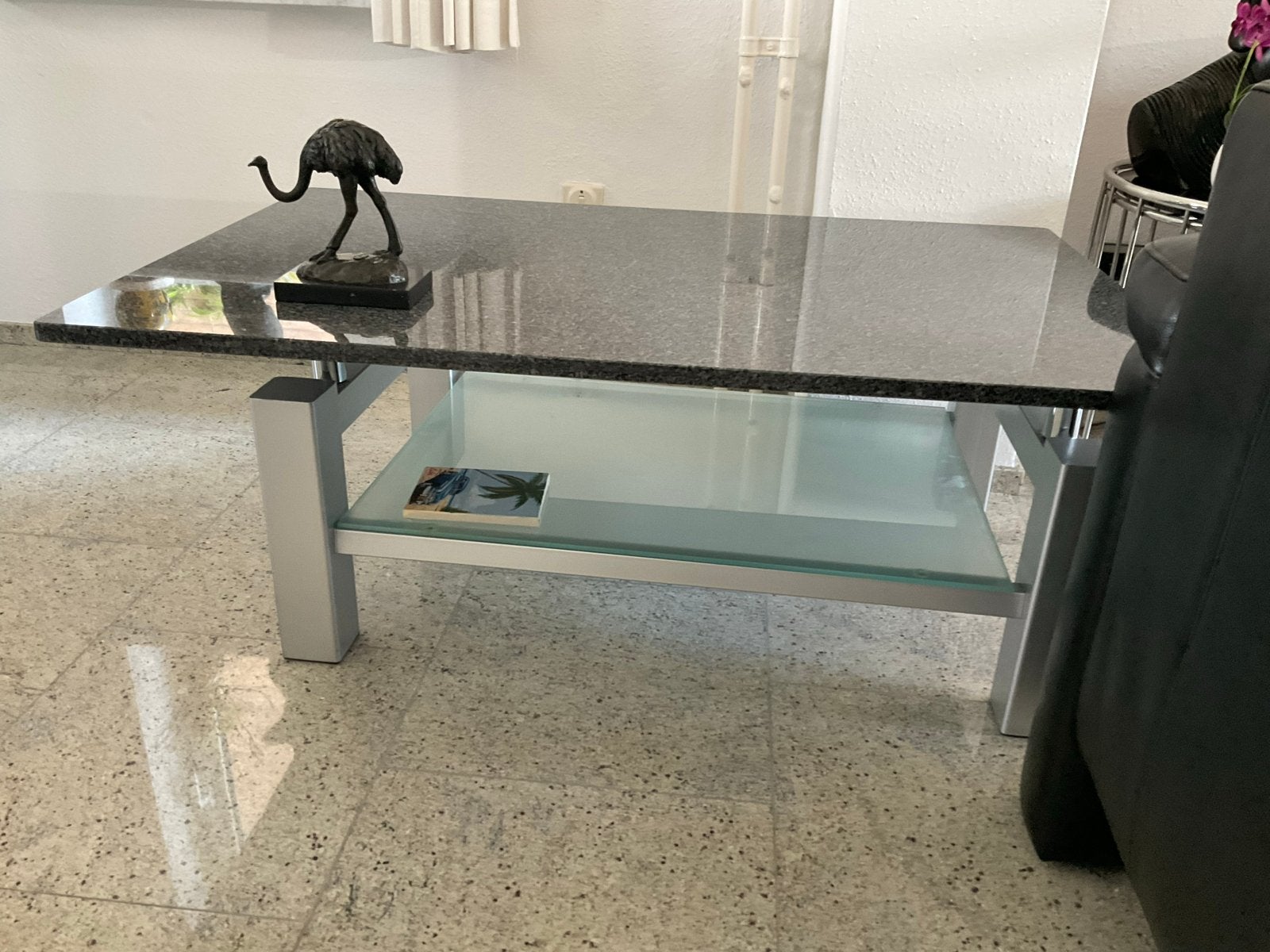 Salontafel met granieten blad en glazen onderblad, Ophalen, Overige materialen, 100 tot 150 cm, 50 tot 100 cm