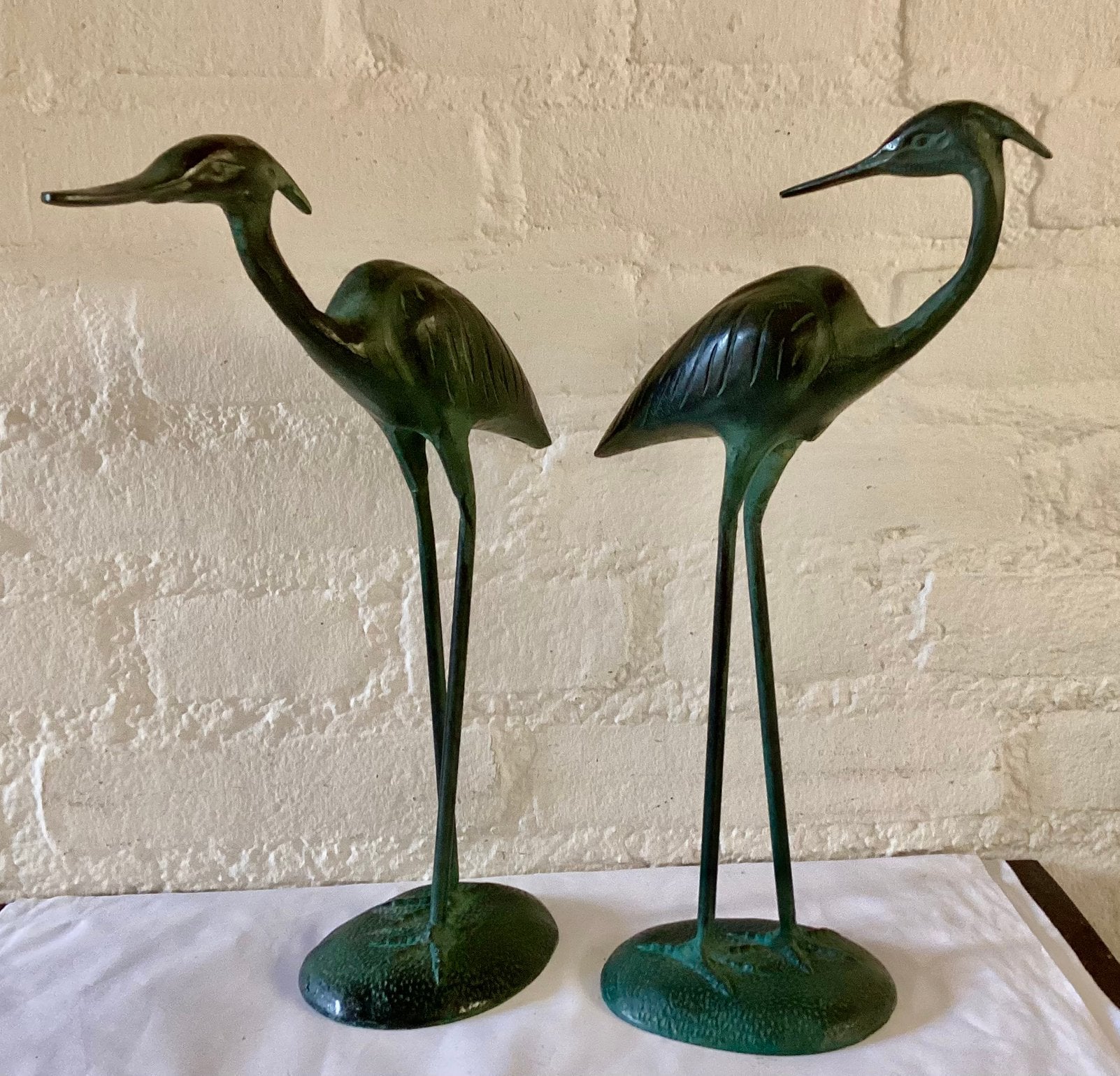 2 Groen bronzen kraanvogels. Symbool voor geluk., Ophalen of Verzenden