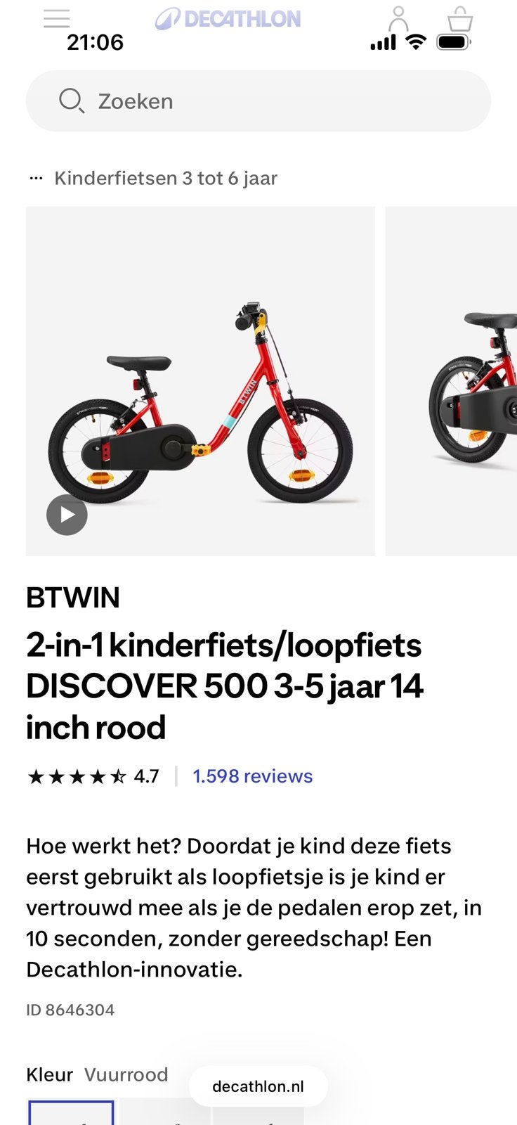 B'Twin kinderfiets 14 inch met zijwieltjes, Ophalen, Zijwieltjes, Gebruikt, Velgrem