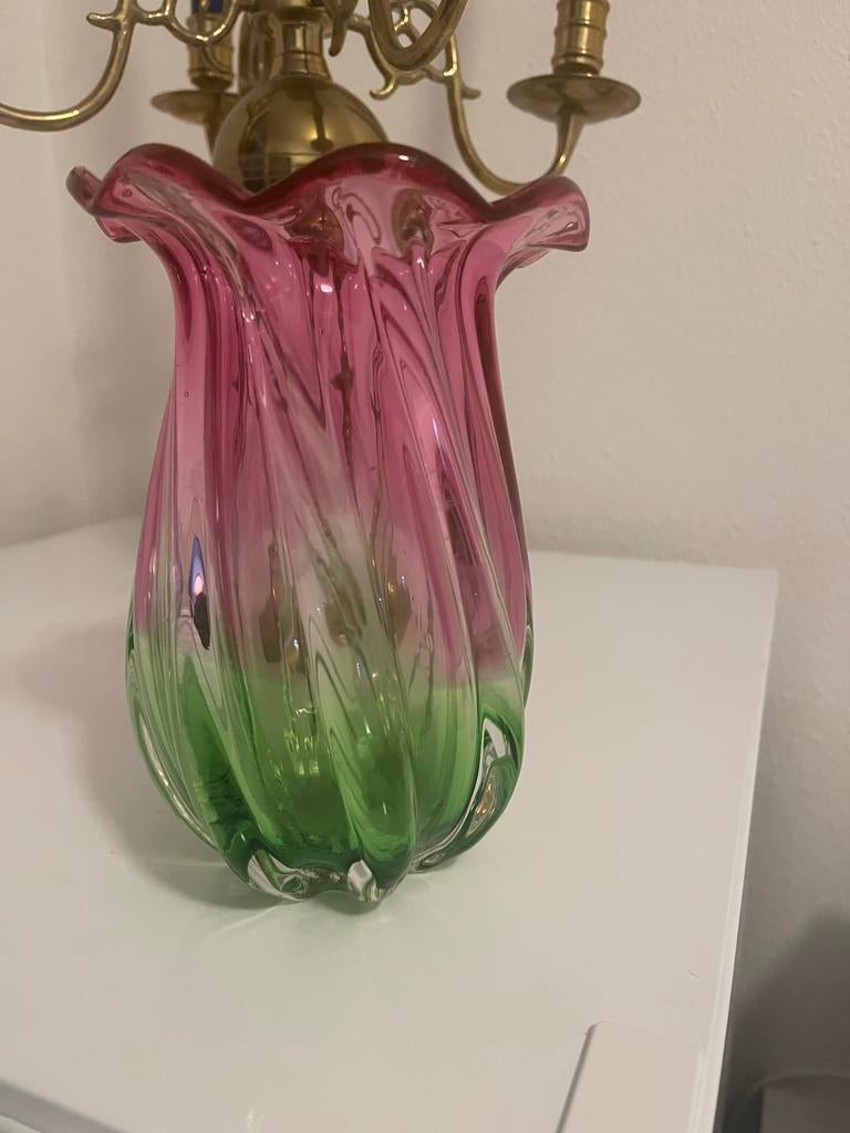 Unieke glazen vaas roze-groen, handgemaakt, Ophalen of Verzenden