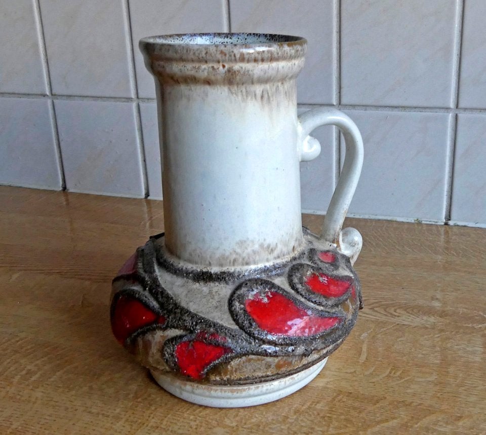 Strehla 9011 vintage vaas rood wit fat lava West-Germany, Gebruikt, Met patroon/structuur, Ophalen of Verzenden, Steen/keramiek