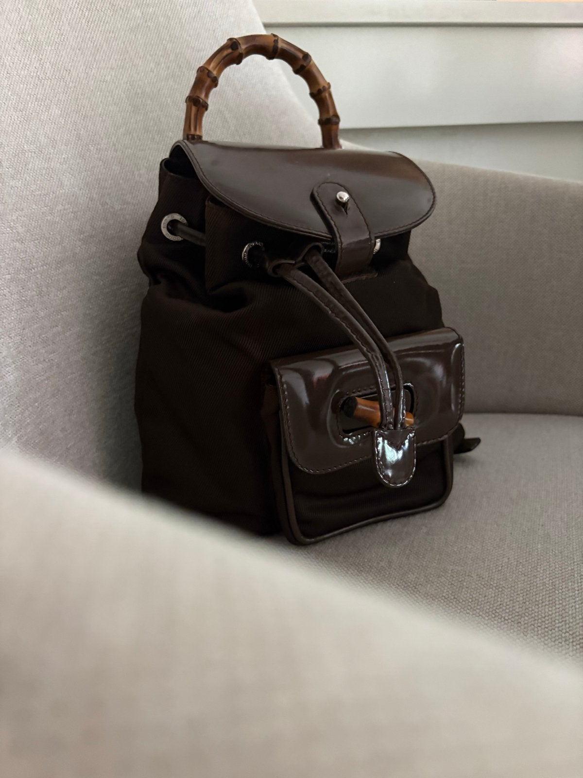 Gucci Vintage Bamboe Mini Rugzak Bruin, Gebruikt, -, Overige typen, Ophalen of Verzenden